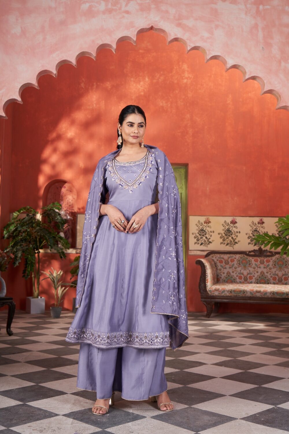 DR Kurti Hub – Elegant Greyish Blue Anarkali Suit